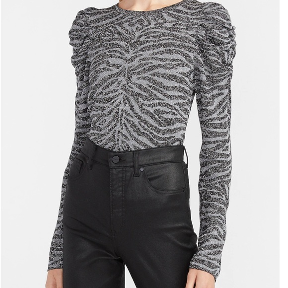 Express Tops - Express Metallic zebra ruched puff sleeve sweater